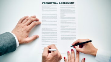 Couple signing a prenuptial agreement