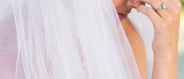 Close-up, side view of a beautiful, worried bride at the park.