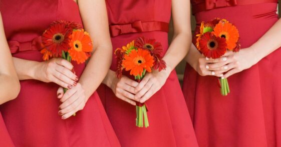Bridesmaids in red dresses holding bouquets of Gerber daisies, mid section