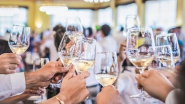 People clinking glasses at wedding reception