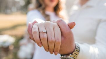 A loving couple is holding hands. Close-up of the woman's engagement ring.