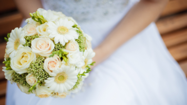 close-up of bride holding bouquet
