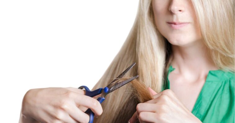 Blonde girl cuts off the tips of her hair.