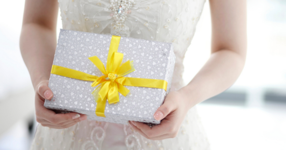 Bride holding a wedding gift