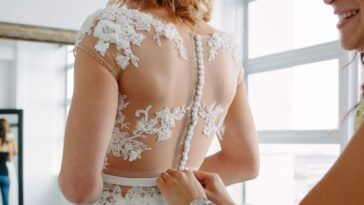 Bride trying on wedding dress