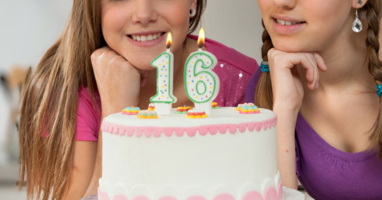 teens with 16th birthday cake