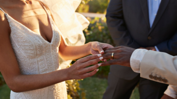 couple exchanging rings during wedding ceremony