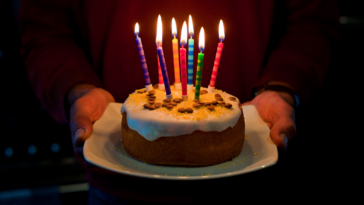 Man holding birthday cake