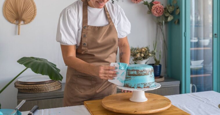 Woman spreading whipped blue cream over chocolate cake in the kitchen.