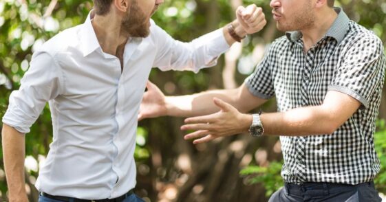 Two handsome and young furious men fighting with each other in the garden.