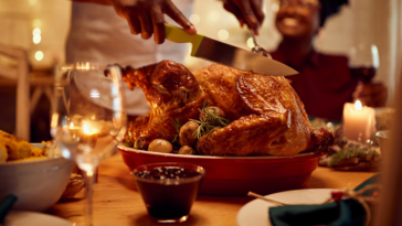 person carving turkey at dinner table