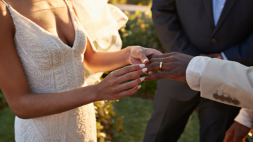 Bride and groom exchanging rings