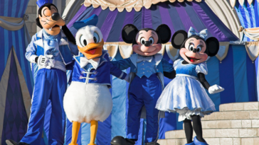 Mickey and Minnie Mouse on stage with Goofy and Donald Duck at Magic Kingdom