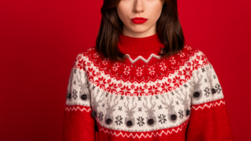 A woman frowning in an ugly Christmas sweater.