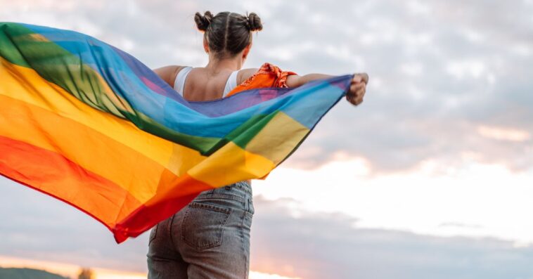 Girl standing back and holding rainbow flag on sky background.