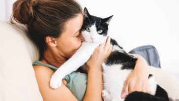 A woman snuggling up with a black and white cat on the sofa.