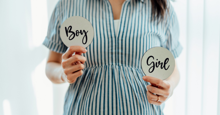pregnant woman holding paddle signs saying boy and girl