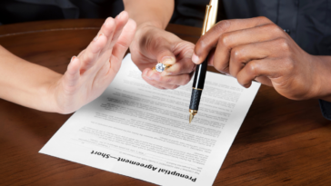 Man and woman disagreeing about prenuptial agreement