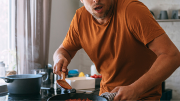 Man looking shocked while cooking