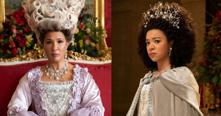 actors Golda Rosheuval and India Amarteifio as Queen Charlotte