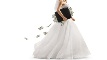 bride walking with briefcase full of money