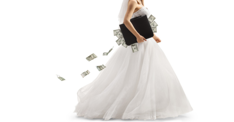 bride walking with briefcase full of money