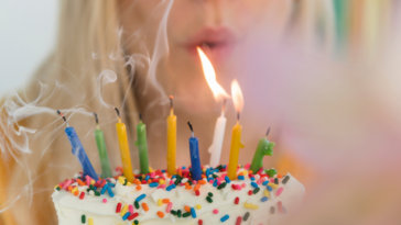 Woman blowing out birthday candles