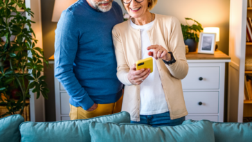 A Man and a woman staring at a cell phone.