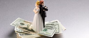 Wedding figurine couple back to back on a pile of Dollars.