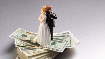 Wedding figurine couple back to back on a pile of Dollars.