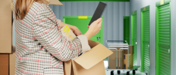 A woman on her phone holding a box in a storage facility.