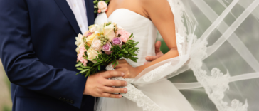 A bride and a groom embracing.