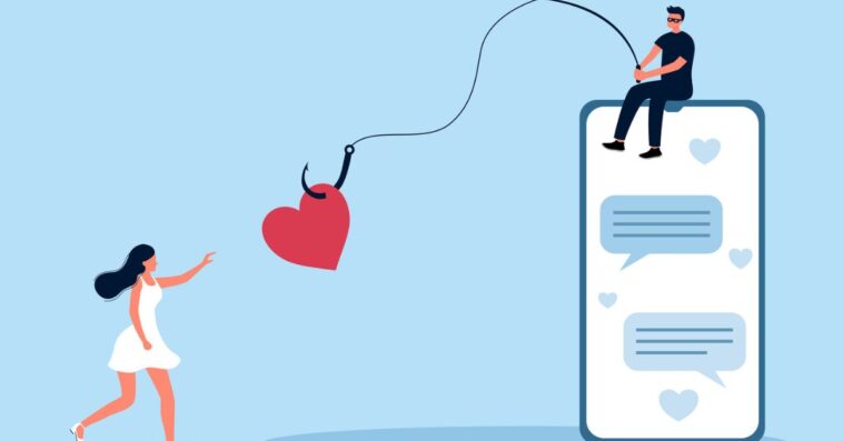 Scammer with phishing hooks on heart, fraud chatting on victim woman. Cyber crime, vector.