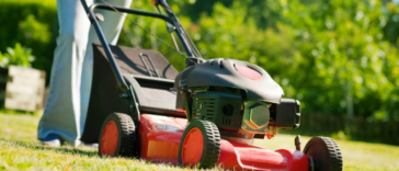 person pushing red lawnmower