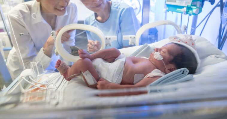 Loving mother and nurse at neonatal intensive care unit looking tenderly at the newborn baby in an incubator with oxygen.