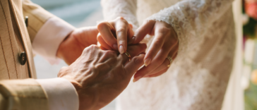 A bride slipping a ring on her groom's finger.