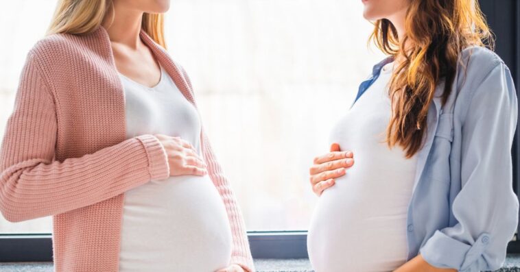 Cropped view of smiling pregnant women standing by window.