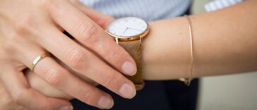 Businesswoman wearing wrist watch, close-up.