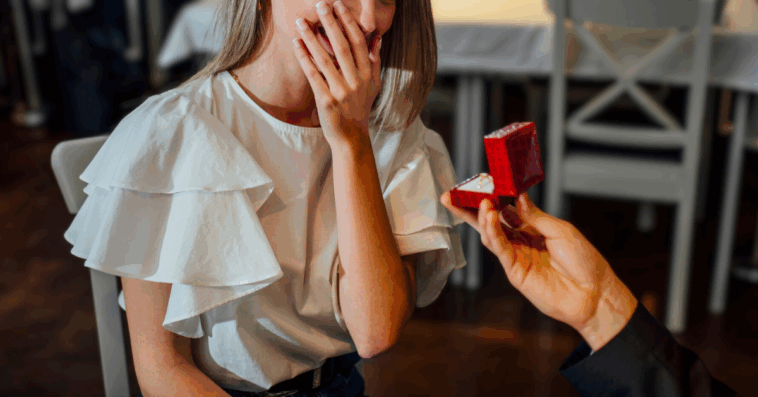 woman reacts to engagement ring and proposal