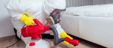 An exterminator treating under a bed.