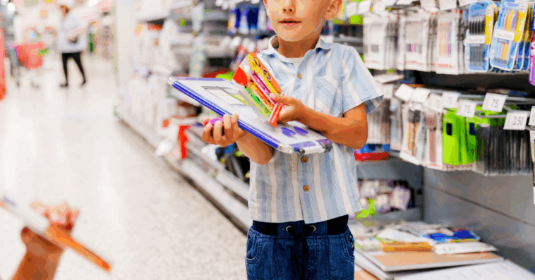 child getting school supplies at store