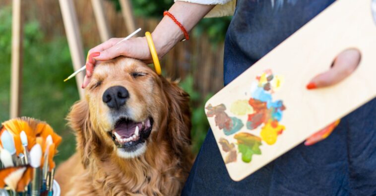 A young female artist works on her art canvas painting outdoors in her garden with golden retriever keeping her company.
