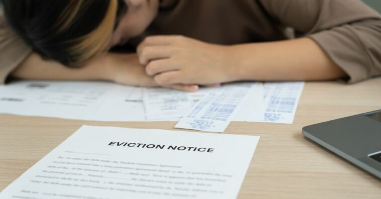 Woman is stressed due to imminent seizure of assets, debts, financial problems, loans, guarantees document with the text eviction notice, debt, property, loan, agent, bankruptcy.