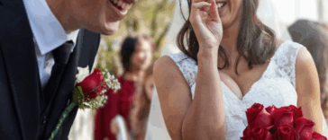 bride and groom laughing together
