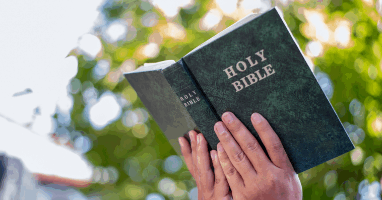 A person holding an open Bible.