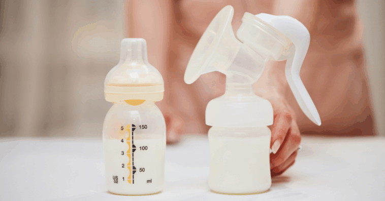 Woman with breast pump and pumping accessories