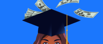 An illustrated picture of a graduate with cash falling down on her.