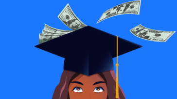 An illustrated picture of a graduate with cash falling down on her.