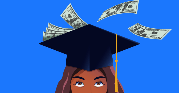 An illustrated picture of a graduate with cash falling down on her.