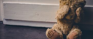 Abandoned Teddy Covering His Eyes, Sitting At A Door.
